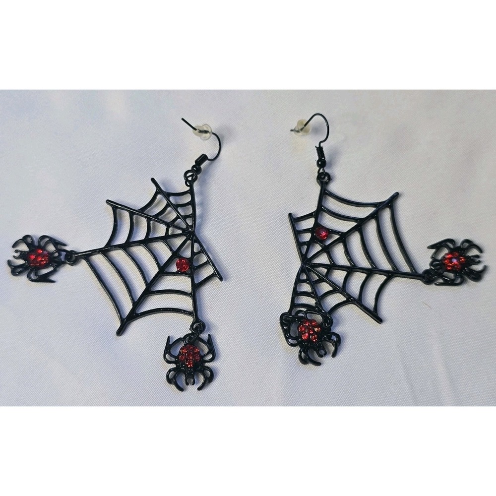Black Metal Spiderweb & Red Rhinestone Dangle Earrings Halloween